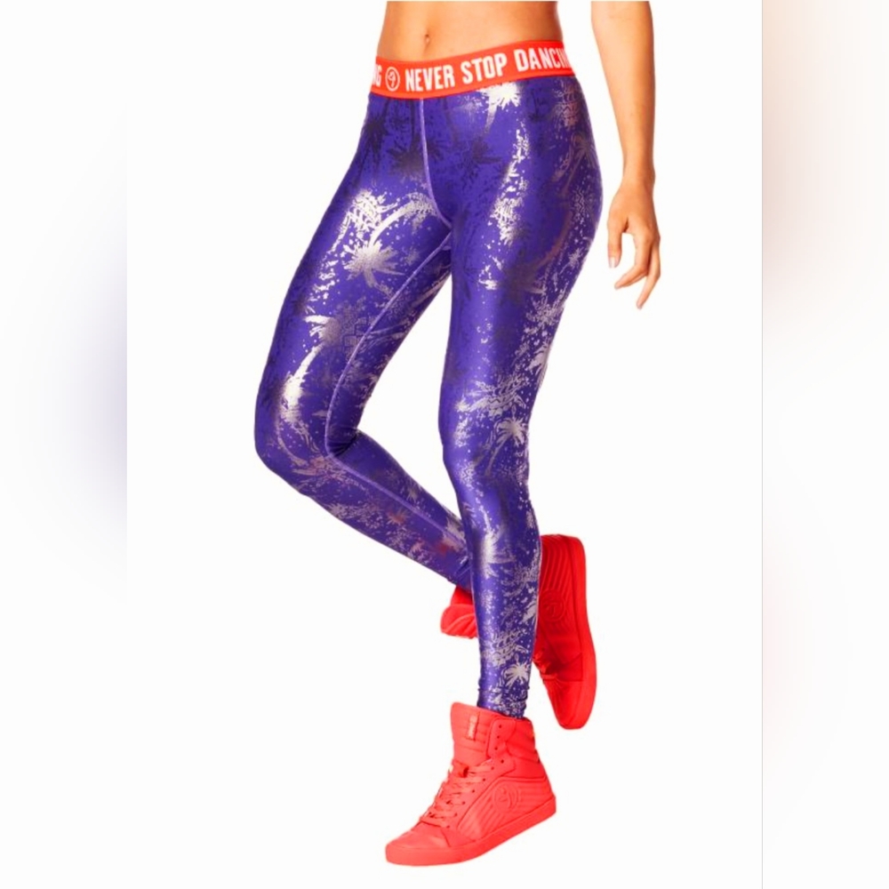Zumba Legging Purple Palm tree metallic print Size Med